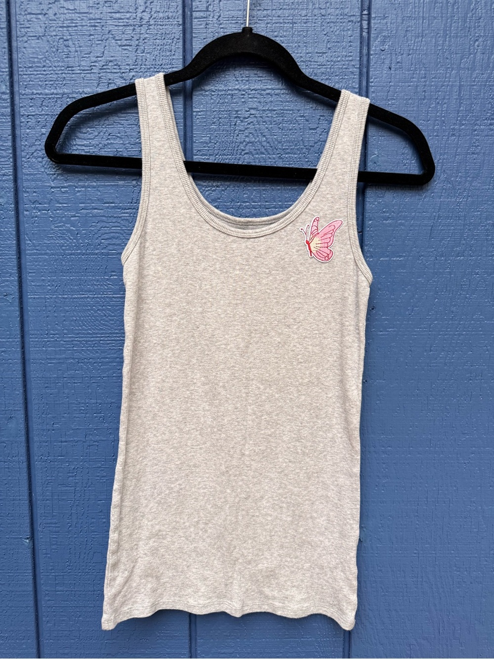 Vintage Gray Tank Top with Pink Butterfly Patch